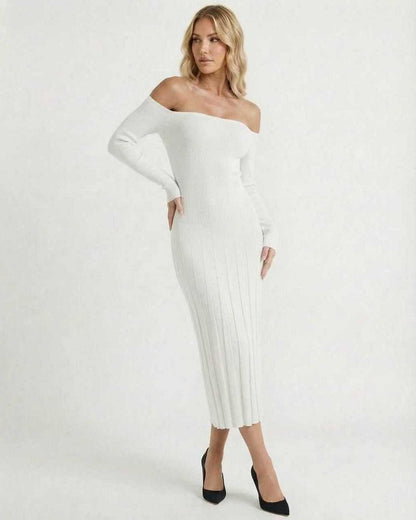 Lauven Nova Midi Dress - Elegant off-shoulder knitwear highlighting modern luxury and sophistication.
