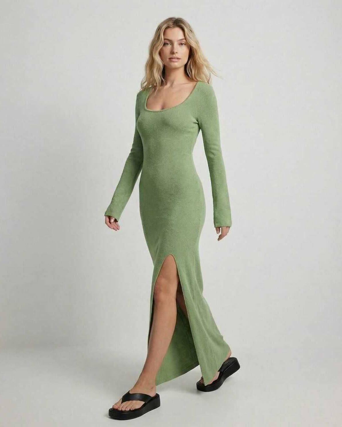 Verde Maxi Dress by Lauven, showcasing a long sleeve slim fit design with side slit, ideal for spring casual wear.