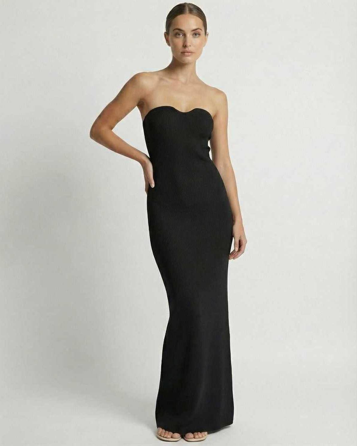Noir Maxi Dress by Lauven - Strapless black slim fit ankle-length dress showcasing a sleek silhouette.