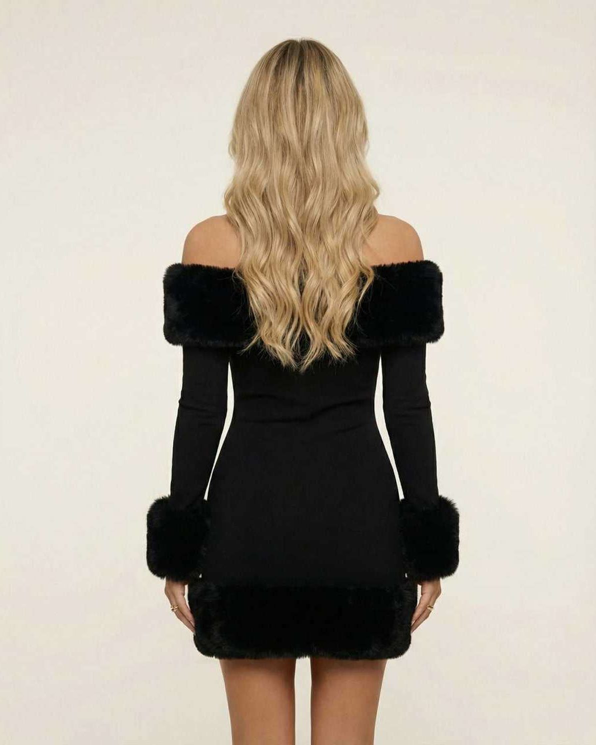 Luna Mini Dress by Lauven featuring faux fur trim off-shoulder neckline and cuffs, showcasing a sleek silhouette.