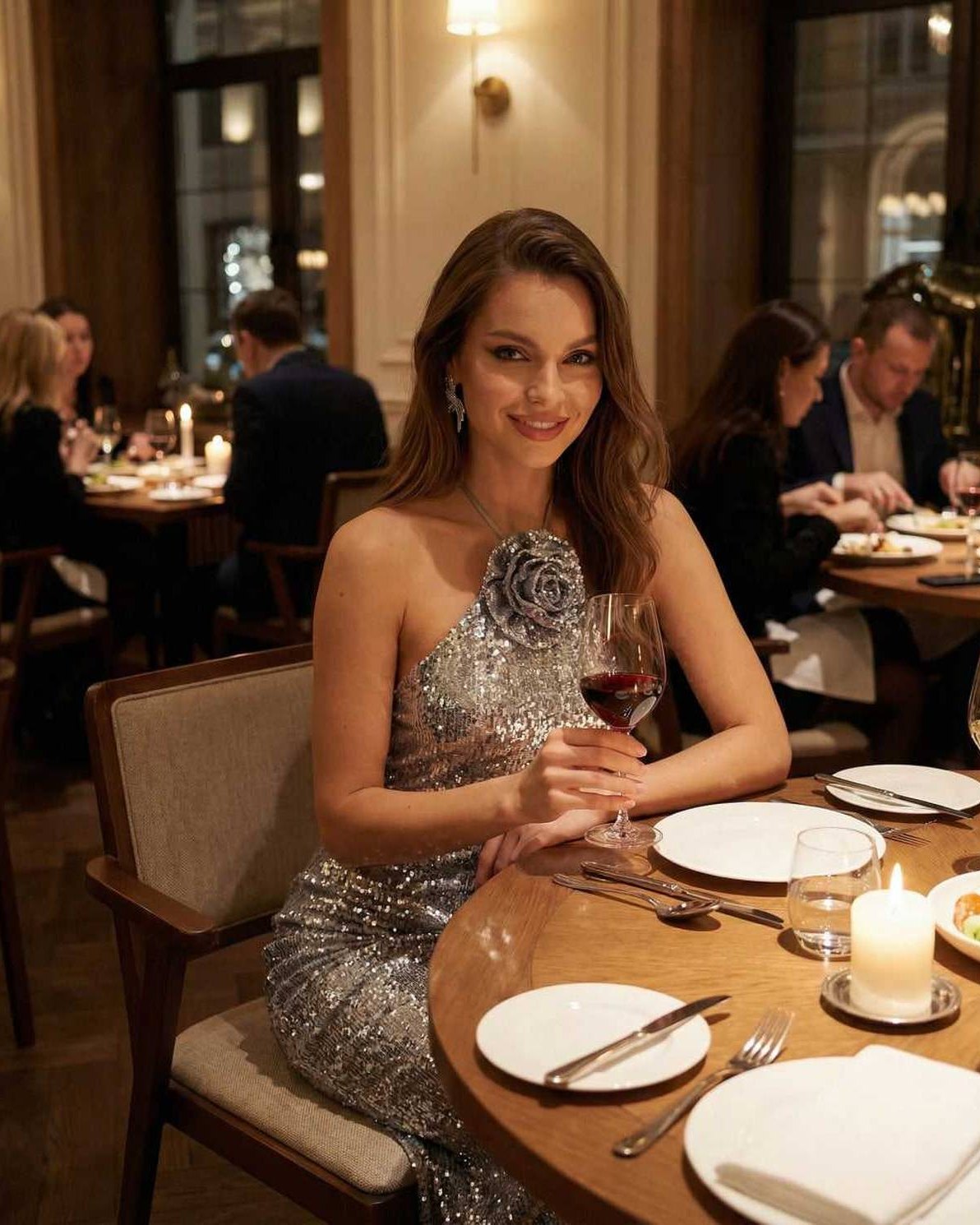 Lunaria Maxi Dress worn by a woman at an elegant dinner, showcasing its stunning silver sequins and halter design.