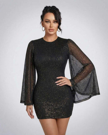 Celeste Mini Dress by Lauven, showcasing sheer cloak sleeves and sparkling dot pattern, perfect for modern elegance.