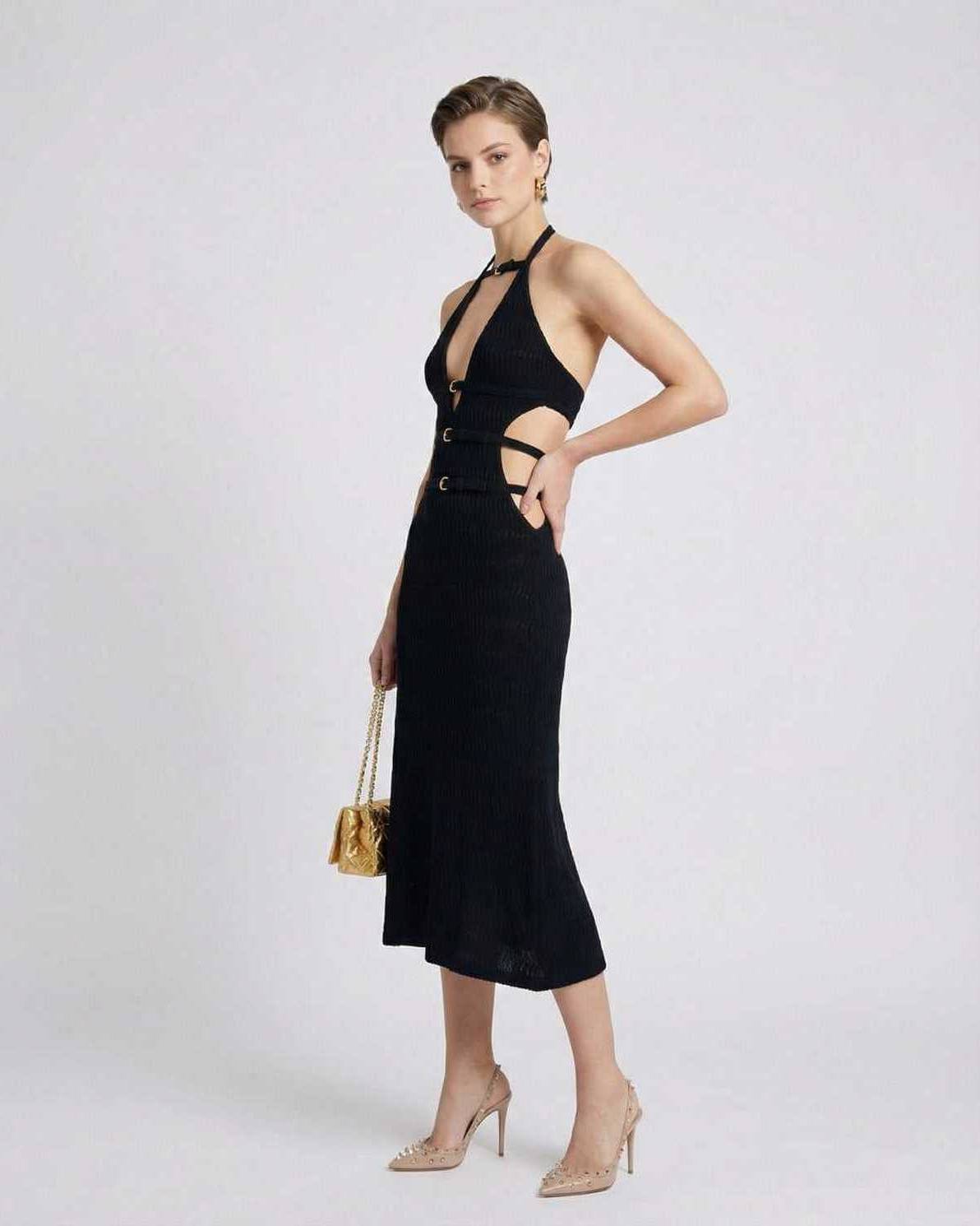 Nova Midi Dress by Lauven, sleek knit camisole with A-line silhouette, perfect for evening events.