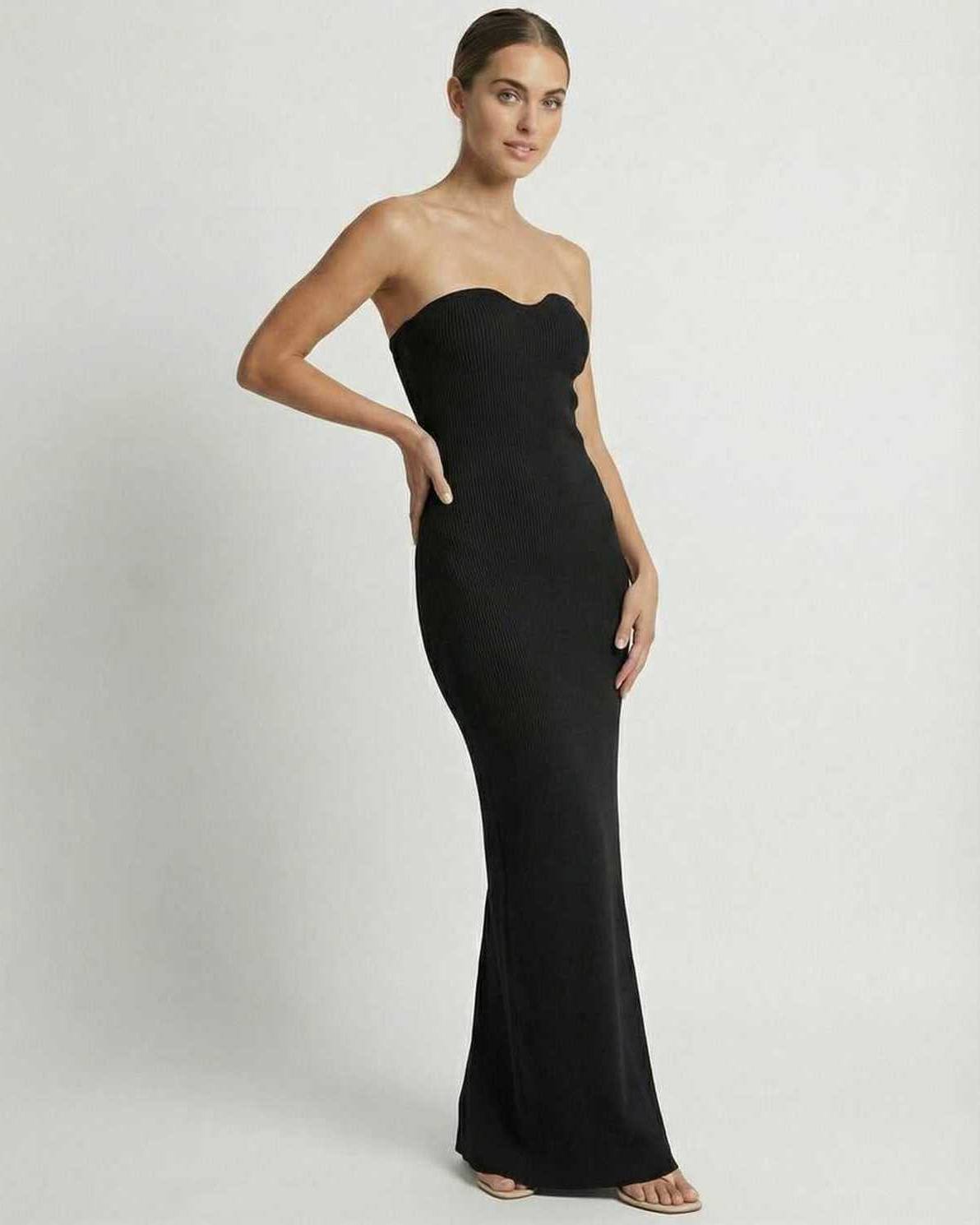 Lauven Noir Maxi Dress - Strapless black slim fit ankle-length dress showcasing a sleek silhouette.