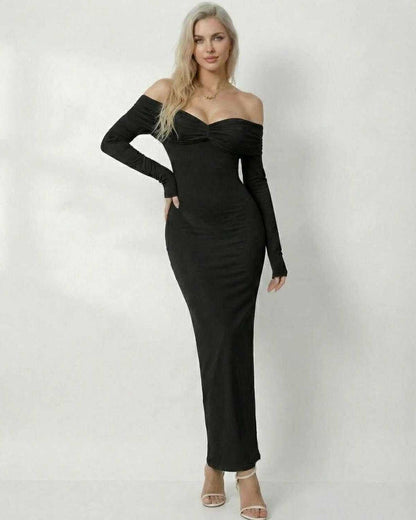 Noir Maxi Dress by Lauven, sleek off-shoulder sheath silhouette in a smooth black hue.