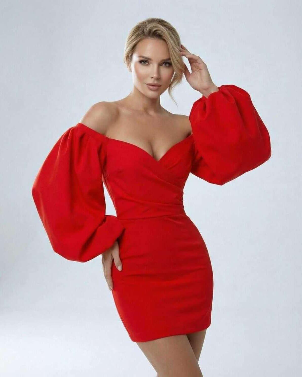 Scarlet Mini Dress by Lauven featuring off-shoulder puff sleeves and a satin sheath design in bold red.