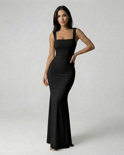Onyx Maxi Dress by Lauven, elegant black ankle-length dress with strappy back and square neckline.