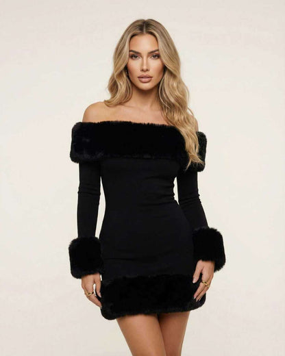 Luna Mini Dress by Lauven with faux fur trim, off-shoulder design, and a sleek black silhouette.