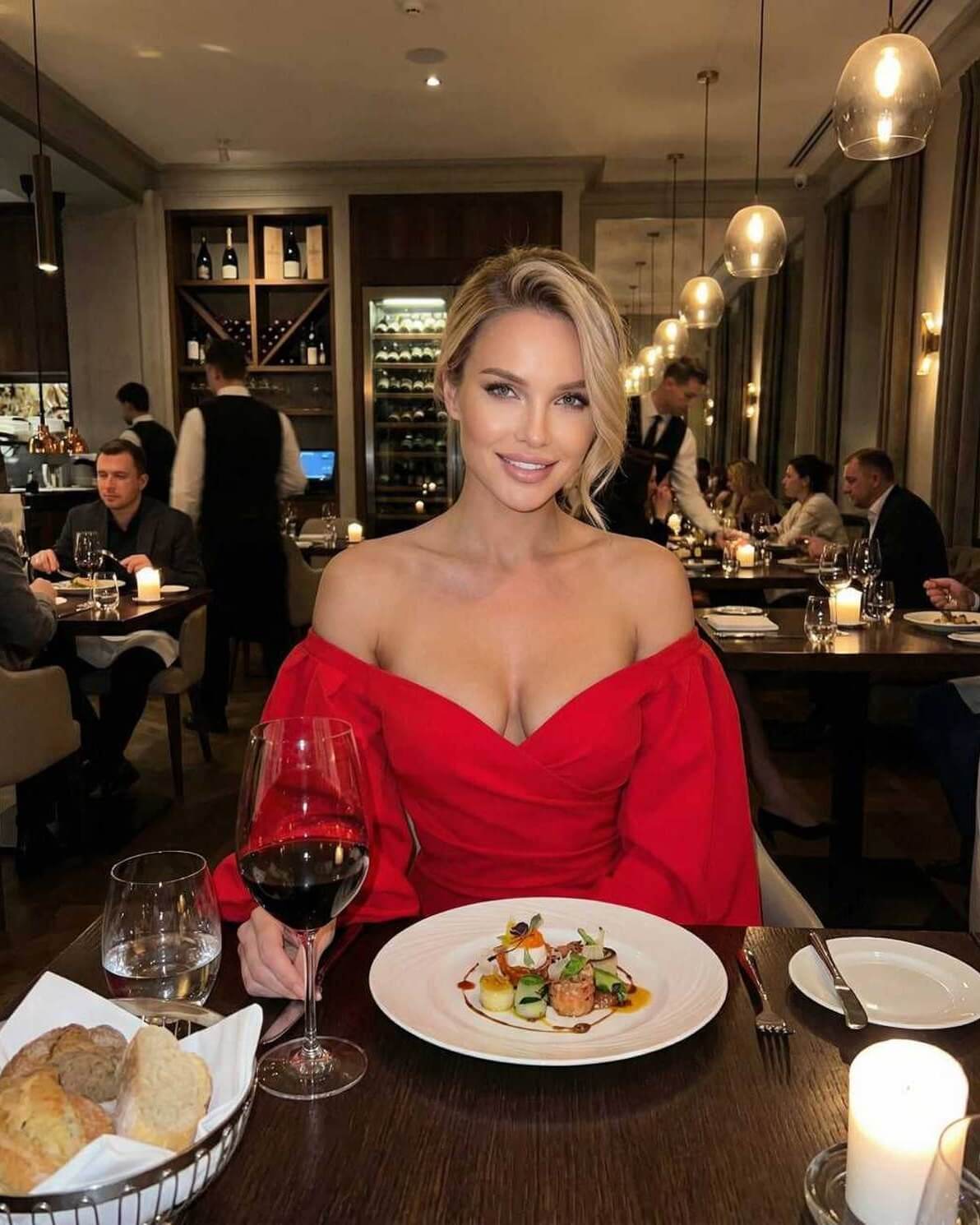 Scarlet Mini Dress by Lauven worn at a restaurant with elegant dining setting and gourmet meal.
