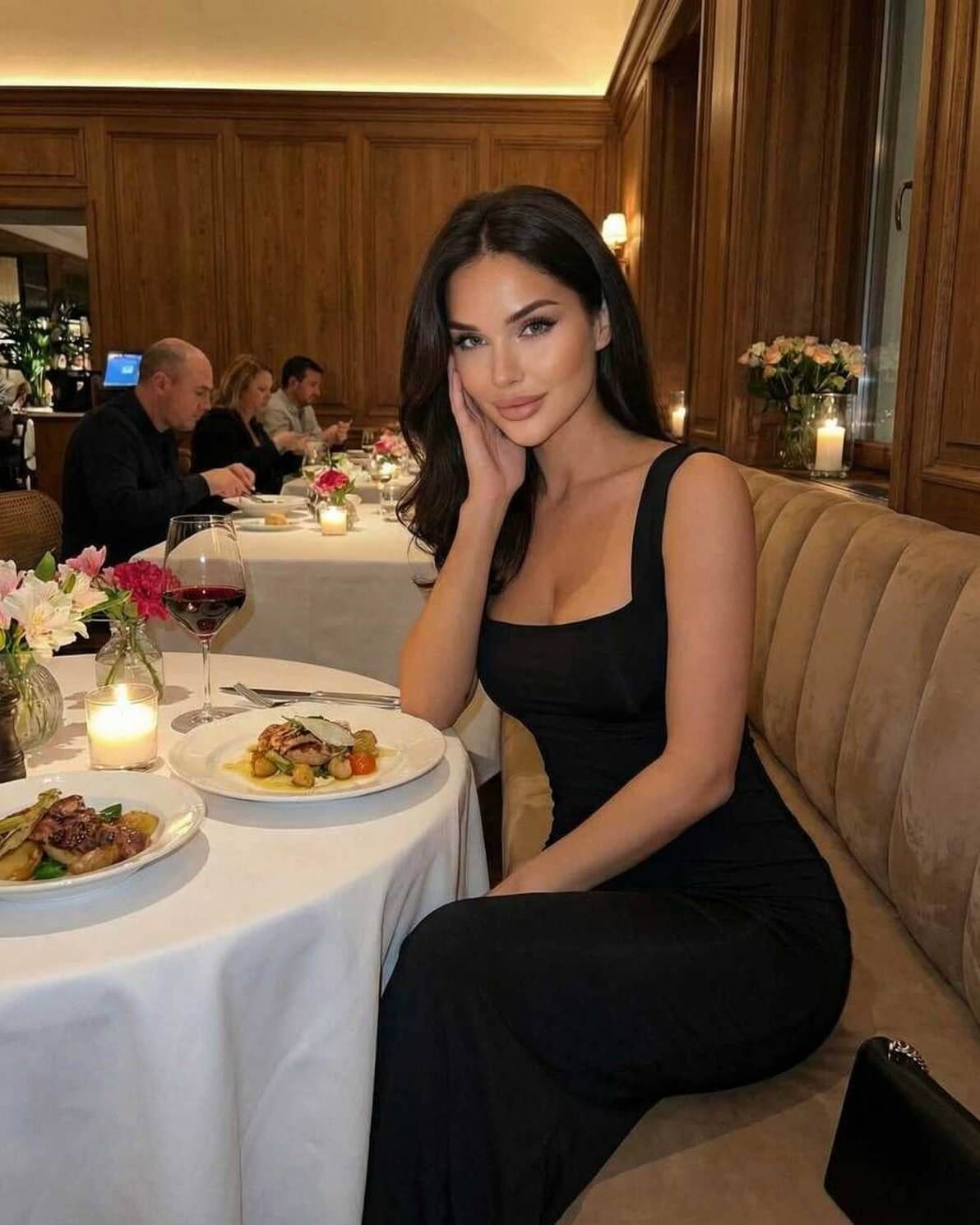 Onyx Maxi Dress by Lauven worn by a woman at a dining table, showcasing a sophisticated strappy back silhouette.