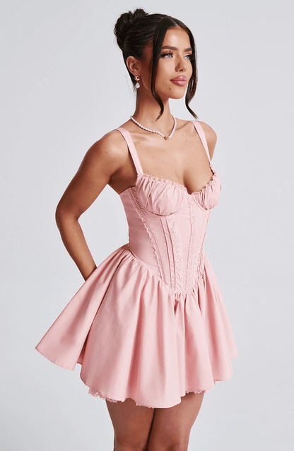 Pink Barbie Mini Dress with corset design and flared skirt, perfect for summer parties and weddings.