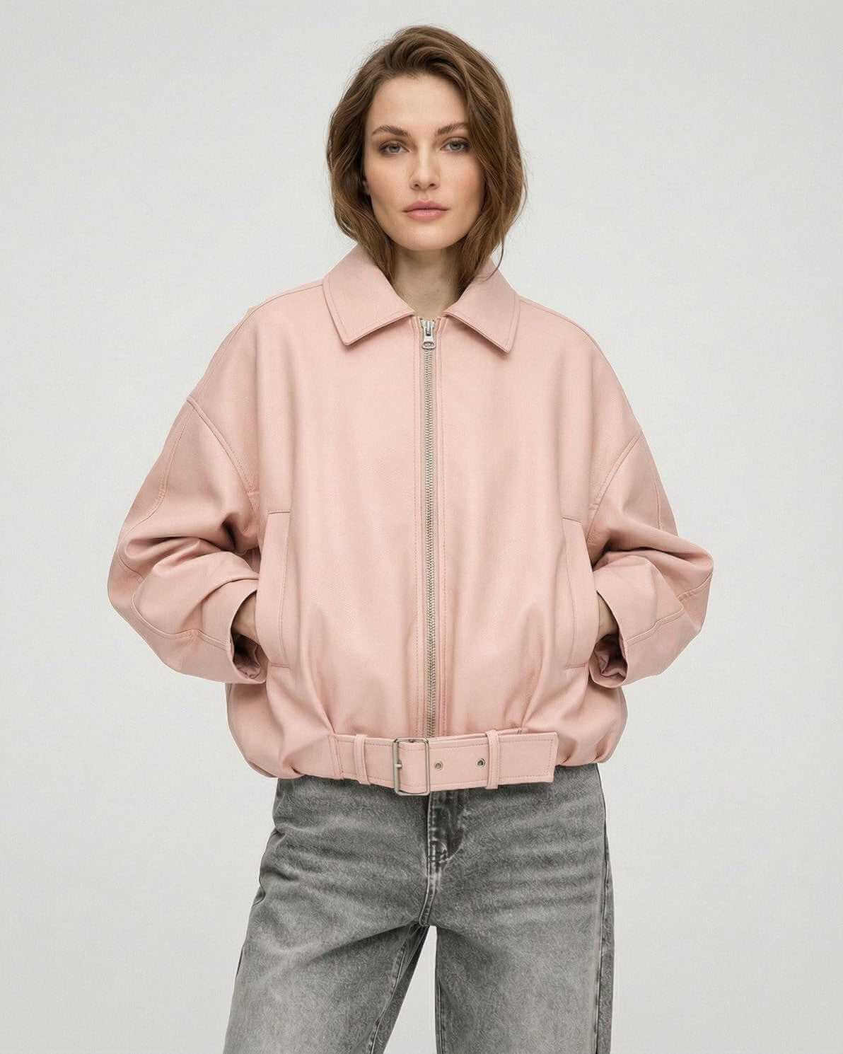 Pink Belted Jacket by Lauven – Women’s oversized zip jacket with structured collar and relaxed fit.