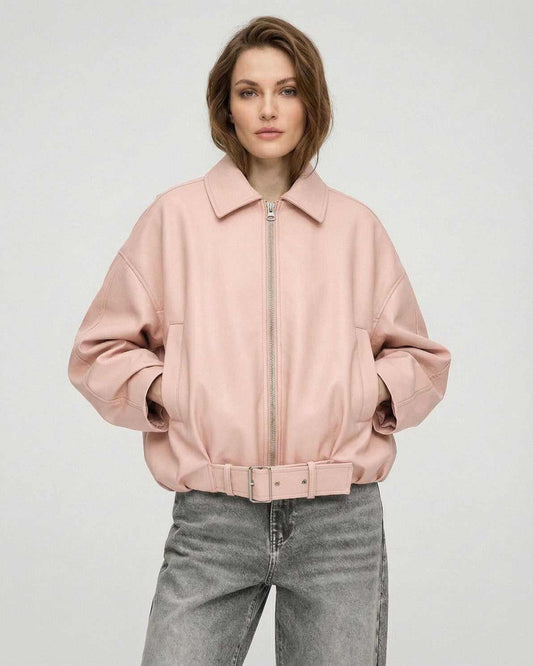 Pink Belted Jacket by Lauven – Women’s oversized zip jacket with structured collar and relaxed fit.
