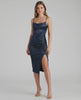 Vega Midi Dress - Navy satin cowl neck with ruched detail, by Lauven, exuding modern elegance for special occasions.