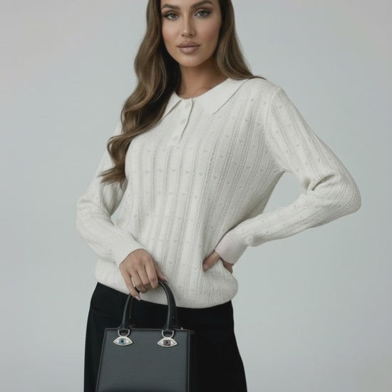 Luna Sweater by Lauven - Women’s ivory knit sweater with elegant collared long sleeves.