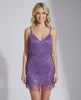 Lyra Mini Dress by Lauven in purple sequin fringe design, showcasing elegant V-neckline and captivating movement.