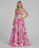 Rosalia Maxi Dress by Lauven features a pink floral chiffon gown with tiered ruffles and a corset bodice.