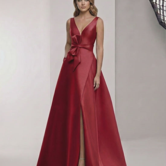 Valeria Maxi Dress – Red satin A-Line dress with V-neck, bow detail, and elegant silhouette by Lauven.