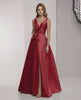 Valeria Maxi Dress – Red satin A-Line dress with V-neck, bow detail, and elegant silhouette by Lauven.