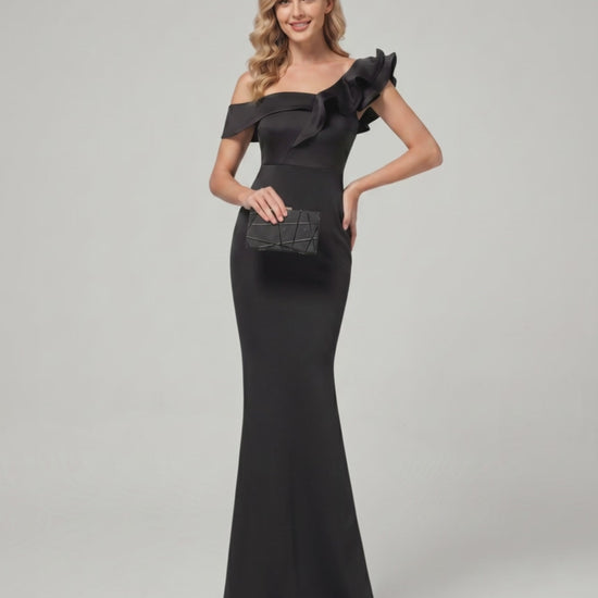 Velmora Maxi Dress featuring off-shoulder neckline, mermaid silhouette, ruffle detail by Lauven.