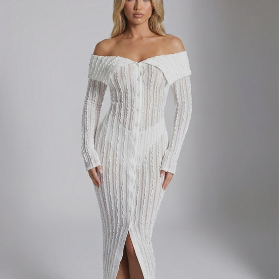 Seraphine Midi Dress - Off shoulder white dress with long sleeves and bodycon fit, perfect for elegant occasions by Lauven.