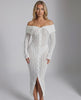 Seraphine Midi Dress - Off shoulder white dress with long sleeves and bodycon fit, perfect for elegant occasions by Lauven.