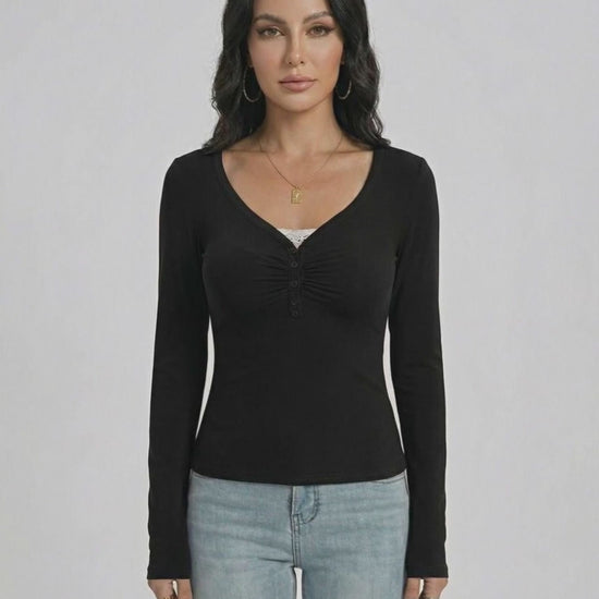 Monaco Pullover by Lauven, Women's Slim Fit V-Neck Long Sleeve Pullover with Button Detail, Black Sweater