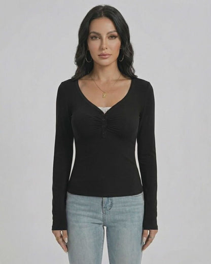 Monaco Pullover by Lauven, Women's Slim Fit V-Neck Long Sleeve Pullover with Button Detail, Black Sweater