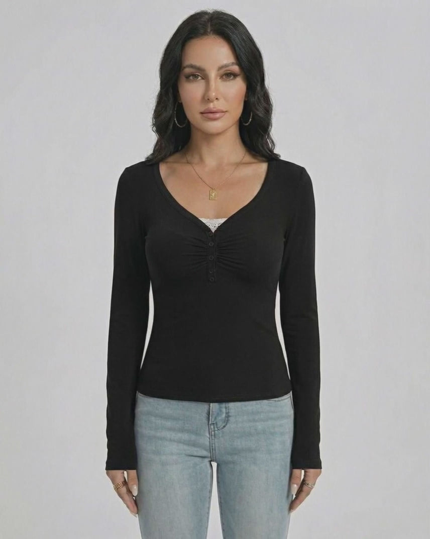 Monaco Pullover by Lauven, Women's Slim Fit V-Neck Long Sleeve Pullover with Button Detail, Black Sweater