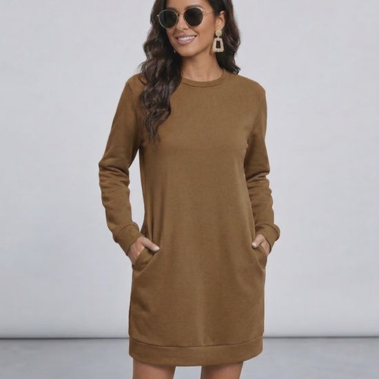Sienna Mini Dress by Lauven, a casual brown sweatshirt dress with pockets and relaxed fit.