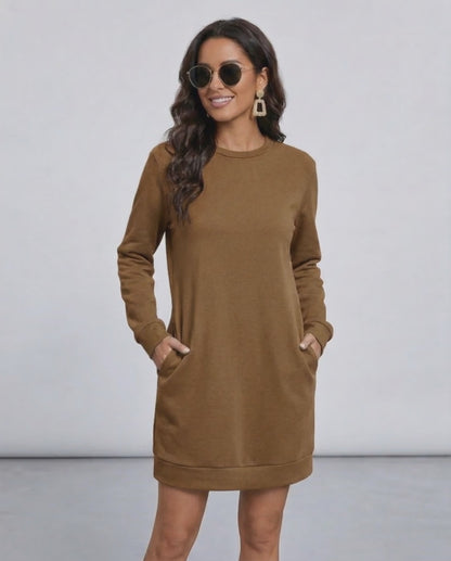Sienna Mini Dress by Lauven, a casual brown sweatshirt dress with pockets and relaxed fit.