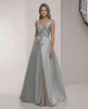 Lunaria Maxi Dress: A-line grey sage satin dress with V-neck, bow detail, and elegant floor-length skirt by Lauven.