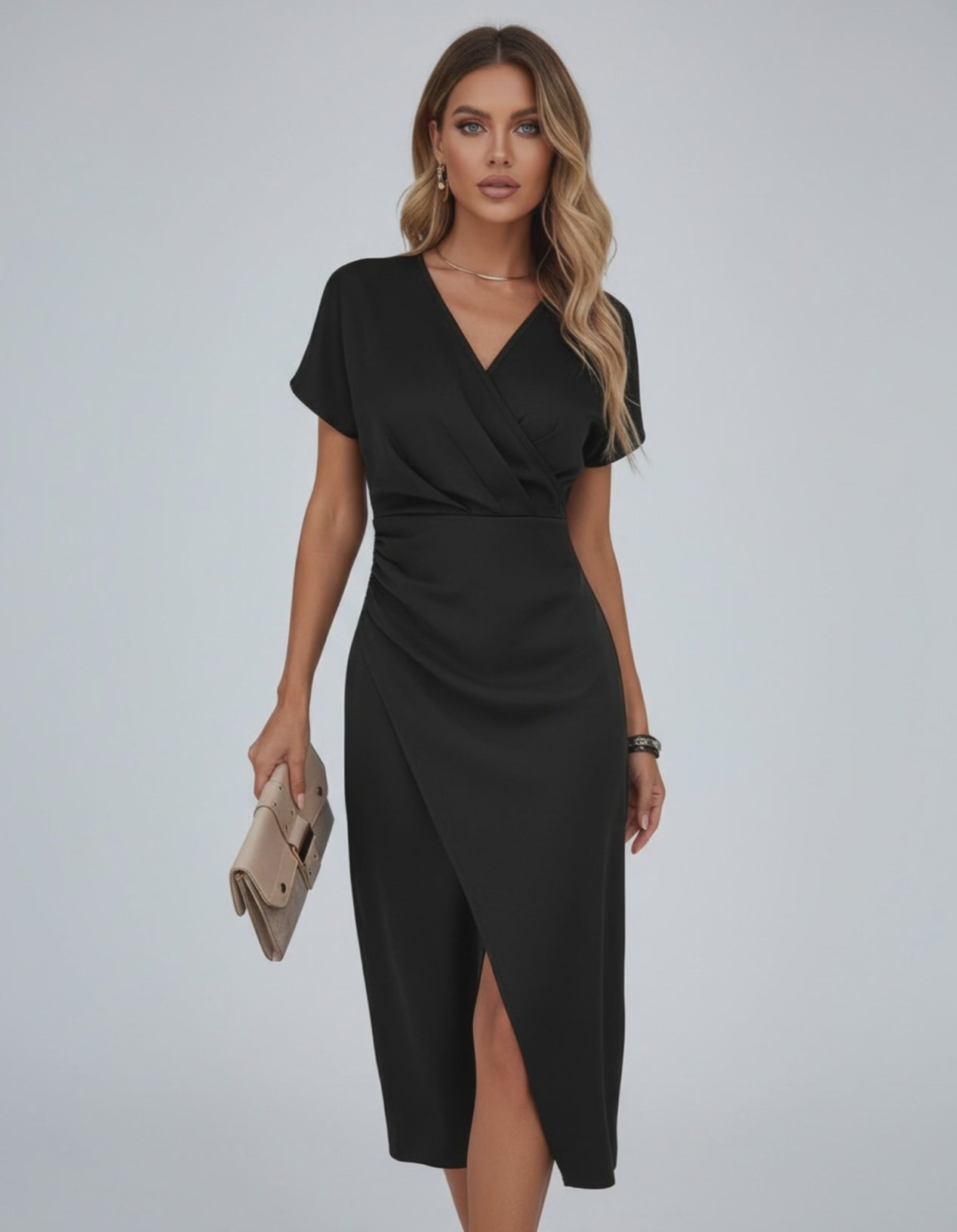 Elara Midi Dress - Elegant black wrap dress by Lauven, featuring a modern silhouette and flattering design.