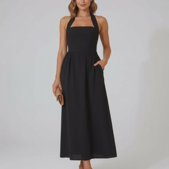 Elara Midi Dress - Elegant black halter midi dress with A-line silhouette for refined modern style by Lauven.