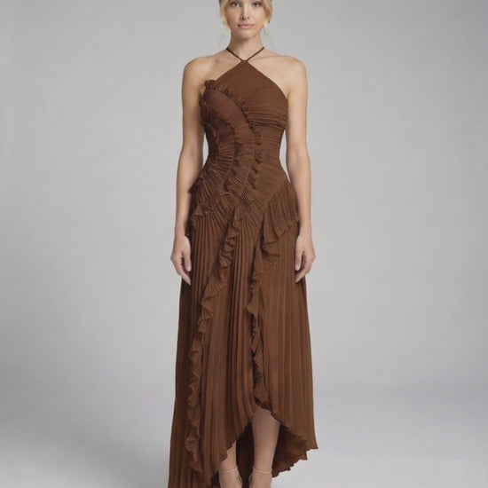 Sable Maxi Dress by Lauven in rich chocolate color featuring pleated chiffon and ruffle details.