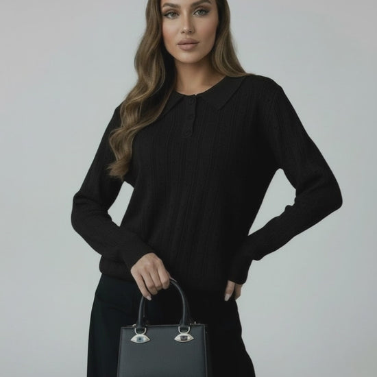 Vega Sweater by Lauven, women's black knit sweater with elegant collar, perfect for fall and winter fashion.