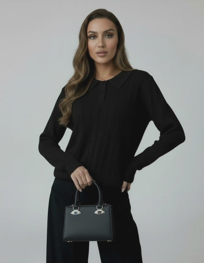 Vega Sweater by Lauven, women's black knit sweater with elegant collar, perfect for fall and winter fashion.