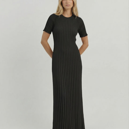 Luna Maxi Dress by Lauven, elegant black ribbed knit maxi dress with short sleeves for a polished look.
