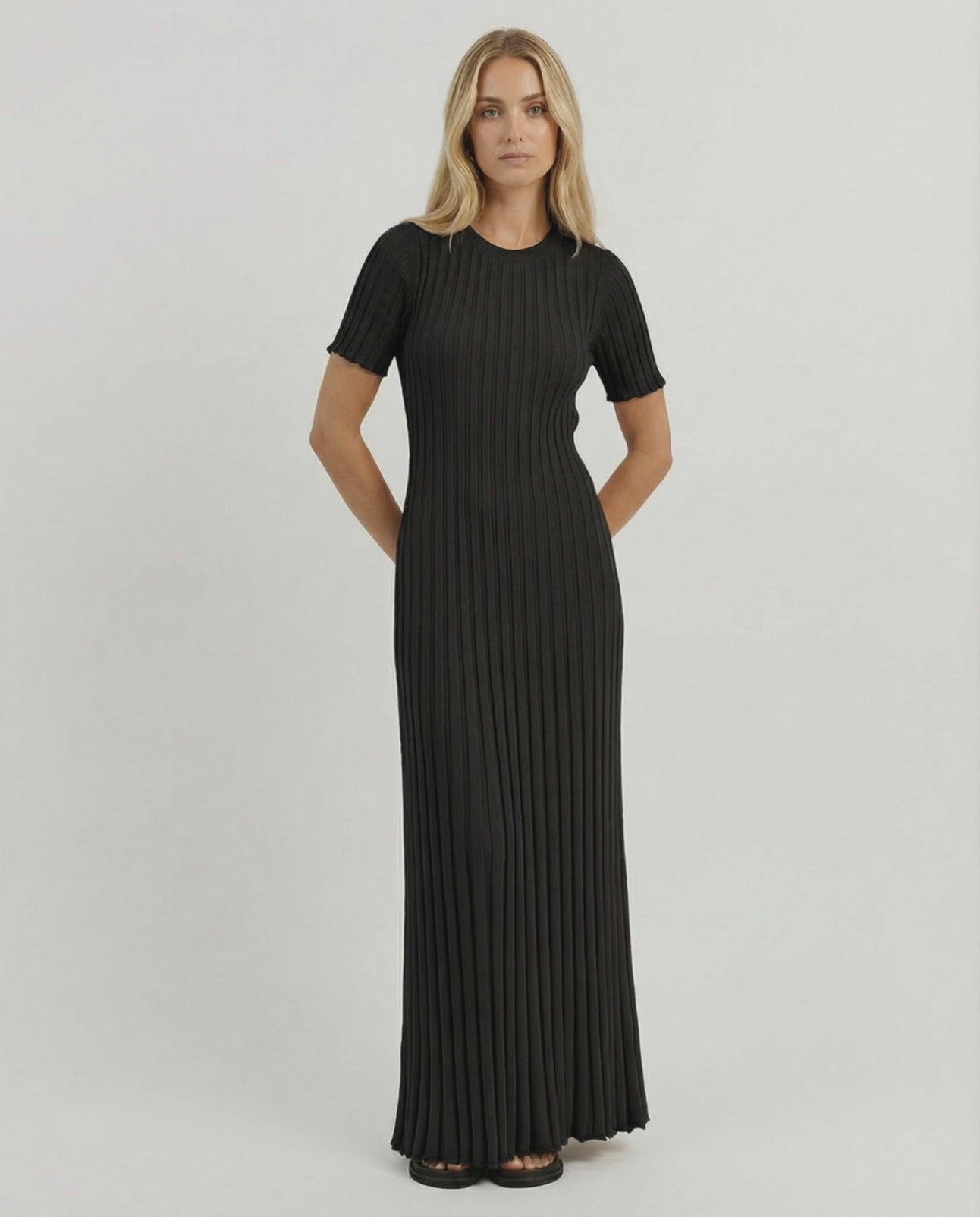 Luna Maxi Dress by Lauven, elegant black ribbed knit maxi dress with short sleeves for a polished look.