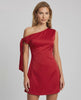 Veloura Mini Dress in red satin, featuring asymmetric neckline and A-line silhouette by Lauven.