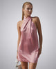 Seren Mini Dress by Lauven in soft pink satin with a modern halter neckline, perfect for spring and summer.