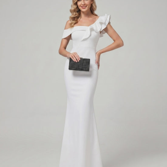 Velmora Maxi Dress with off-shoulder neckline and asymmetrical ruffle, by Lauven, offers a structured fit and elegant style.