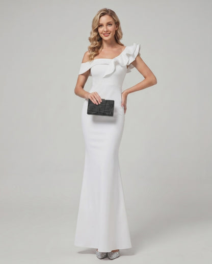 Velmora Maxi Dress with off-shoulder neckline and asymmetrical ruffle, by Lauven, offers a structured fit and elegant style.