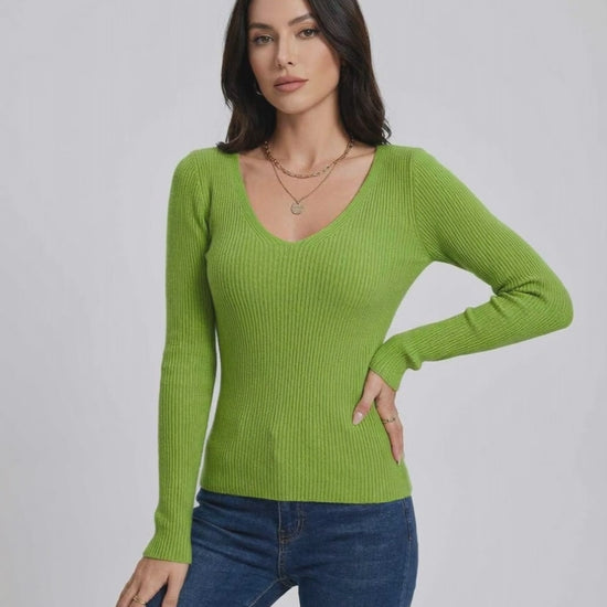 Verona Pullover by Lauven - Women’s V-Neck Slim Fit Sweater in vibrant green color