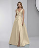 Celeste Maxi Dress in champagne satin, featuring A-line silhouette, V-neckline, and elegant floor-length design by Lauven.