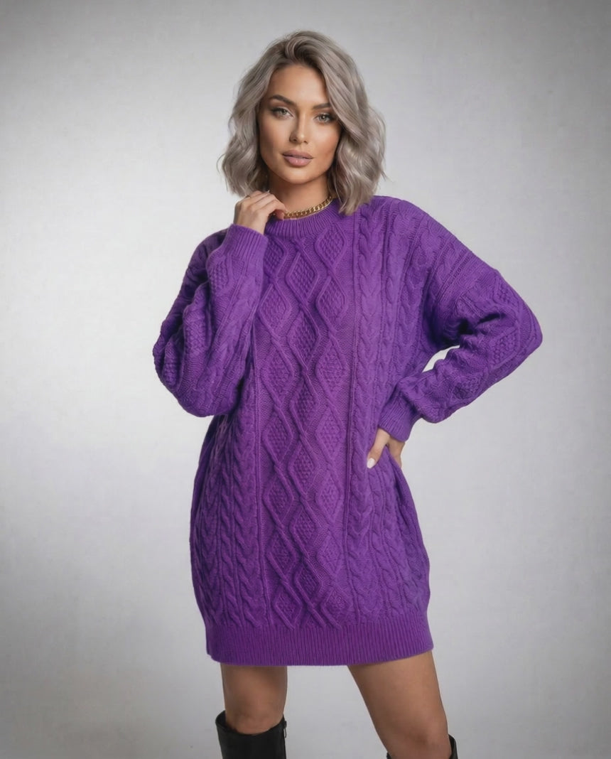Violet Mini Dress by Lauven featuring a rich purple cable knit, relaxed fit, and ribbed trims, perfect for stylish comfort.