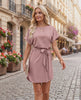 Elara Mini Dress in soft woven fabric, round neckline with self-tie waist belt, created by Lauven, offering a polished look.