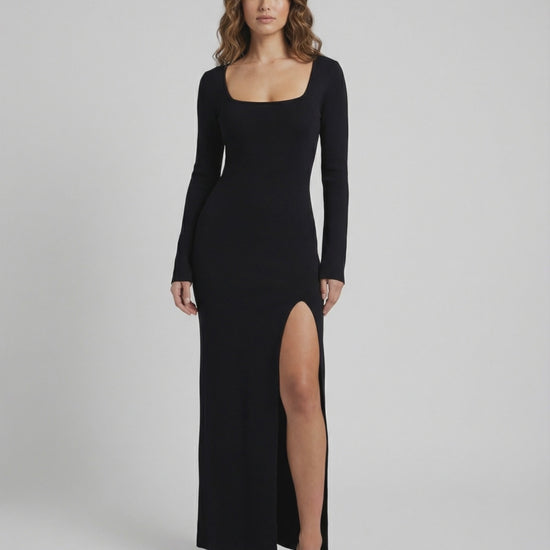 Elara Maxi Dress by Lauven, black long sleeve dress with side slit, elegant slim fit design.