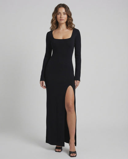 Elara Maxi Dress by Lauven, black long sleeve dress with side slit, elegant slim fit design.