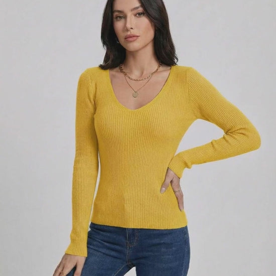 Sunbeam Pullover by Lauven - Women's vibrant V-neck pullover sweater in yellow with slim fit and long sleeves.